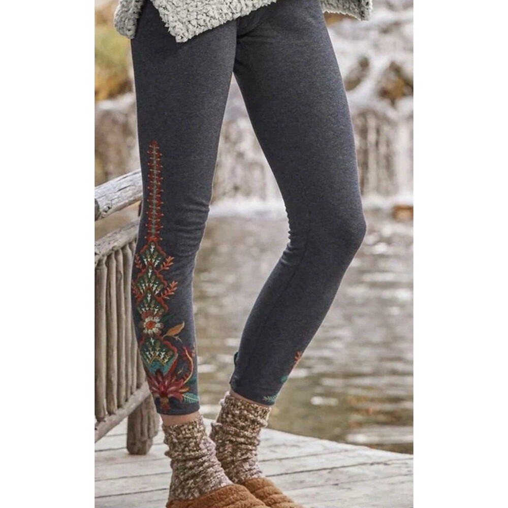 JW Los Angeles Womens Small Gray Floral Embroidered Leggings Stretch Boho Hippie